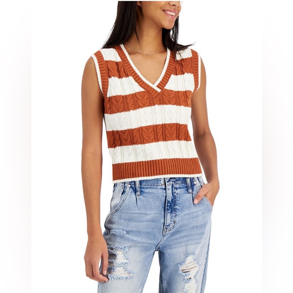 Hooked Up Stripped Beige Tawny Orange Sweater Vest V Neck Knit size XL